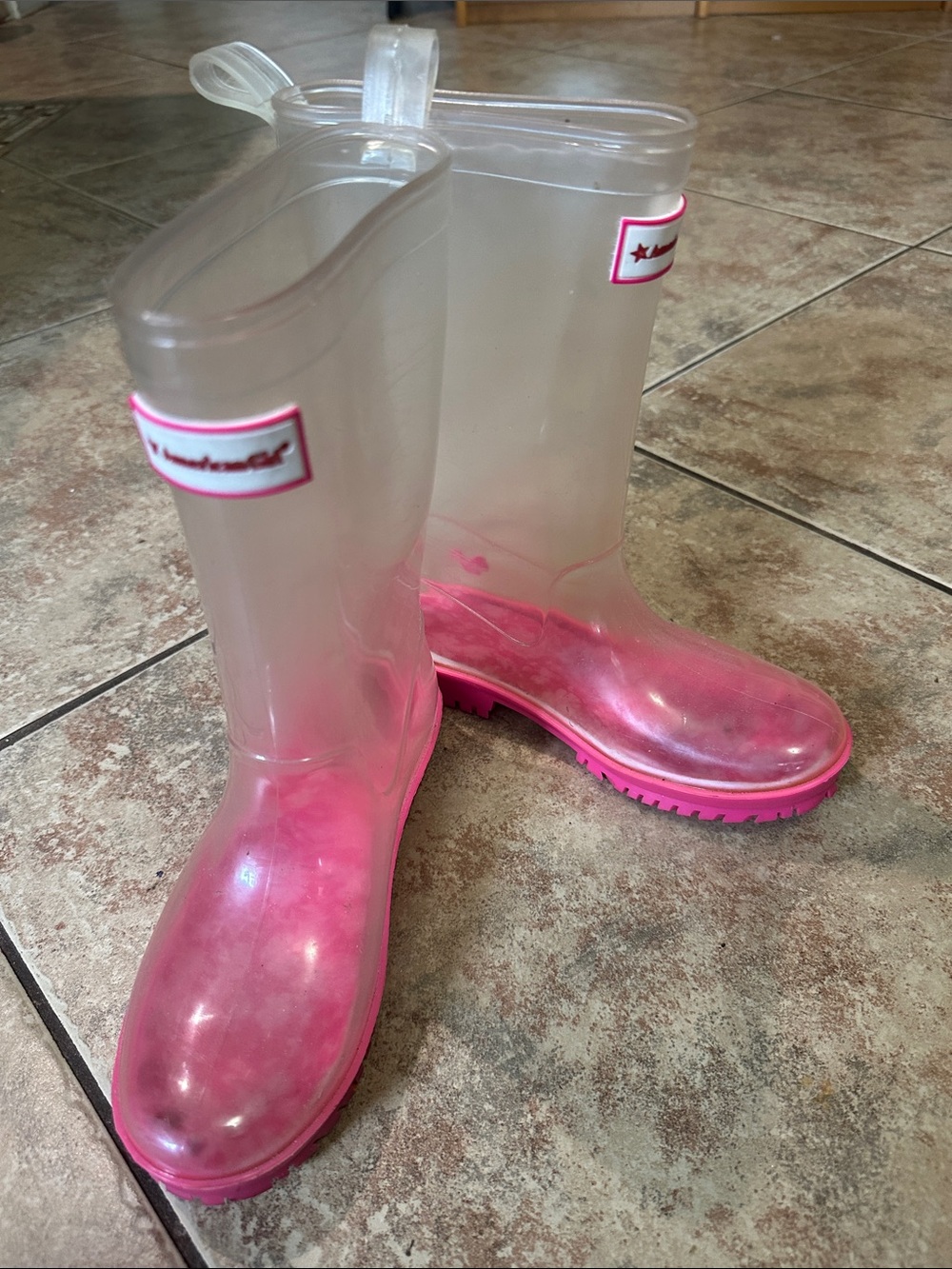 American Girl Wellie Wishers clear Rain boots 
Peek a Boo Wellies 1/2